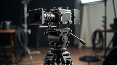 Shallow depth-of-field view of an Arriflex 35mm camera mounted on an industrial steel fluid head