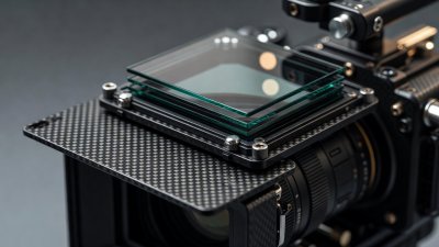 Close-up of a professional camera matte box with carbon fiber sunshade and glass optical filters