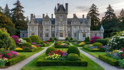 Stone Scottish baronial style facade and manicured gardens of Hatley Castle in British Columbia